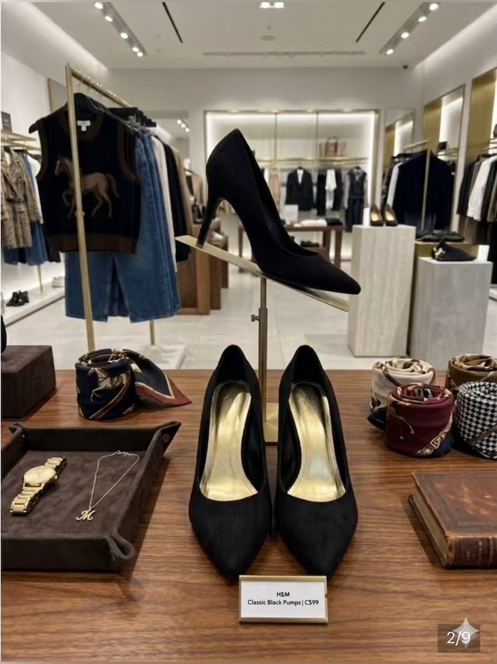H&M Black Faux Suede Gold Tip Pumps Size 6 Balmain Era EUC Modern classic